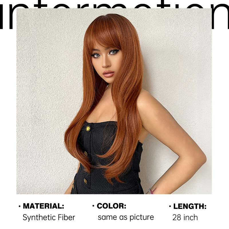 LOUIS FERRE-pelucas sintéticas rectas con flequillo para mujer, pelo largo y liso de jengibre, color rojo y marrón, resistente al calor, uso diario