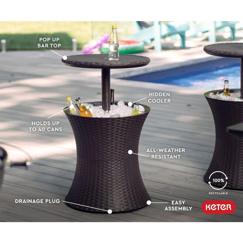 Keter Pacific Cool Bar Outdoor Patio Furniture and Hot Tub Side Table with 7.5 Gallon Beer and Wine Cooler,