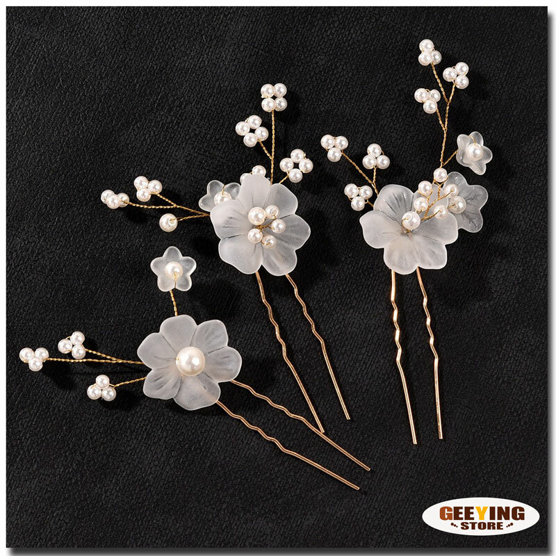 3 buah klip rambut mutiara berbentuk U bunga putih perhiasan klip rambut pernikahan wanita Aksesori pesta kumpulan elegan