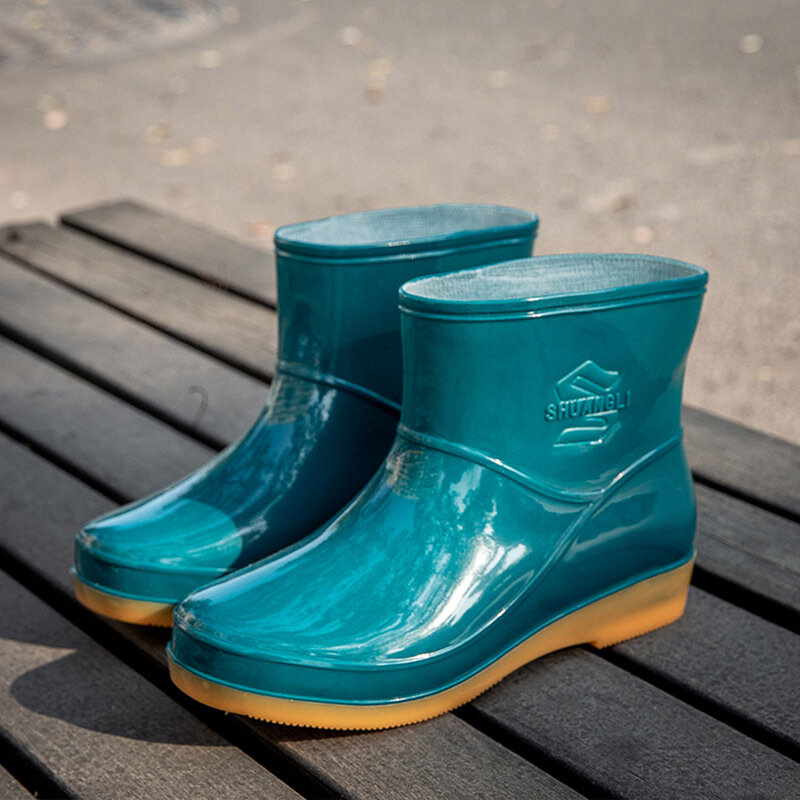 النساء أحذية مقاوم للماء كعب منخفض مشبك اصبع القدم حذاء الأوسط جولة المطر المرأة الأحذية النسائية أحذية المطر