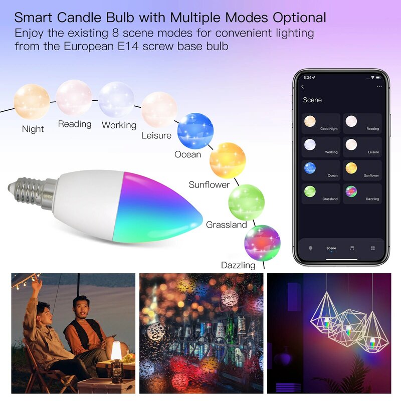 MOES-bombilla LED inteligente con WiFi, lámpara de vela E14, 16 millones, RGBCCT, 2700-6500K, regulable, 90-250V, 6W, Tuya, Alexa, Google