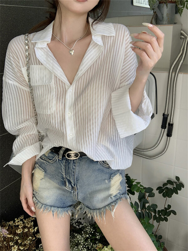White Shirts Stripes Full Sleeve Thin Women Loose Casual Sunscreen Office Lady Streetwear Chic Summer 2023 Work Wear