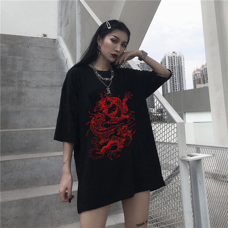 Mito Gótico do Dragão Harajuku feminino imprime camiseta de manga curta, roupas plus size, tops de rua largos, Y2K Harajuku