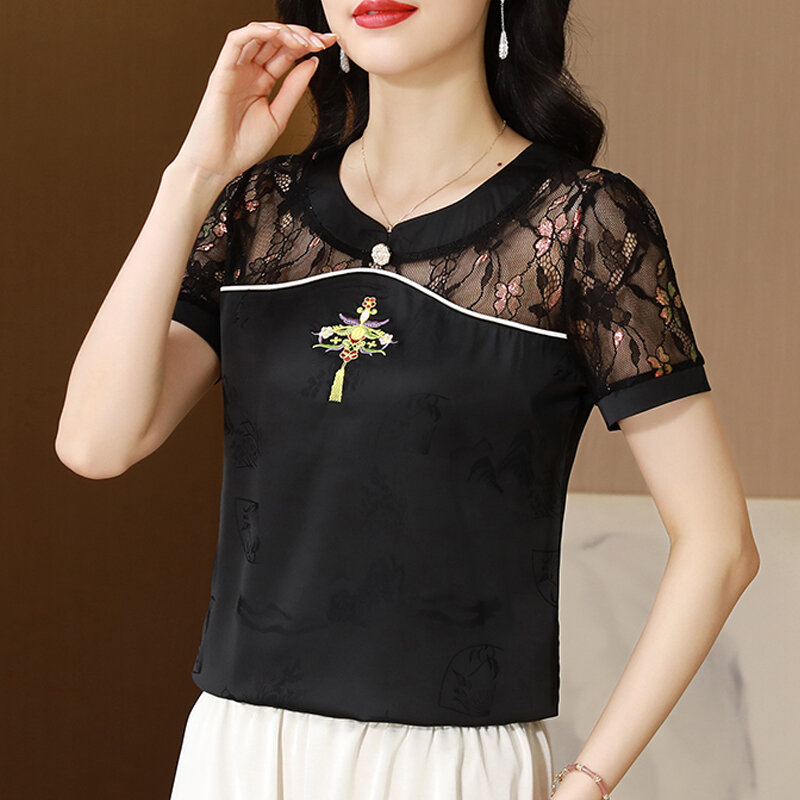 Tops bordados estilo chinês para mulheres, blusa de cetim patchwork verão, camisa de manga curta, nova moda, M a 4XL, 2024