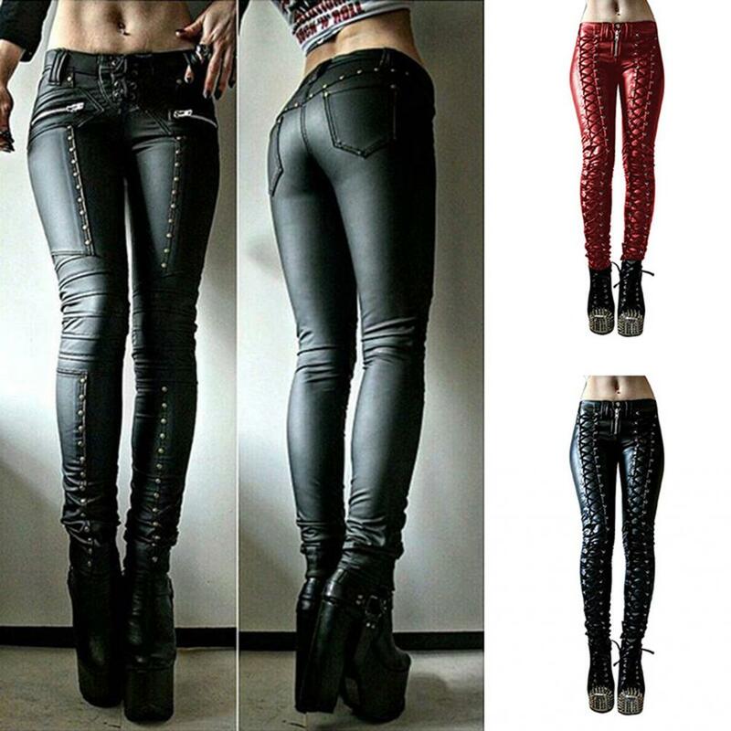 Women Button Sexy Skinny Leggings Pants Faux Leather Trousers Pant Steampunk Cosplay Carnival Party Female Clothing