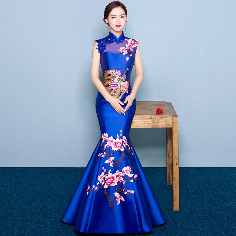 2018 새로운 중국 스타일 여성 웨딩 드레스 긴 소매 Cheongsam 동양 이브닝 드레스 Qipao 섹시한 긴 가운 복고풍 Vestido S-3XL