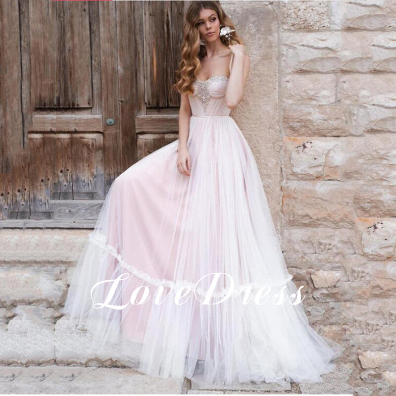 LoveDres-Sweetheart Spaghetti vestidos de casamento, A-Line pregas, Lace Up, apliques, sem encosto, vestido de noiva, trem