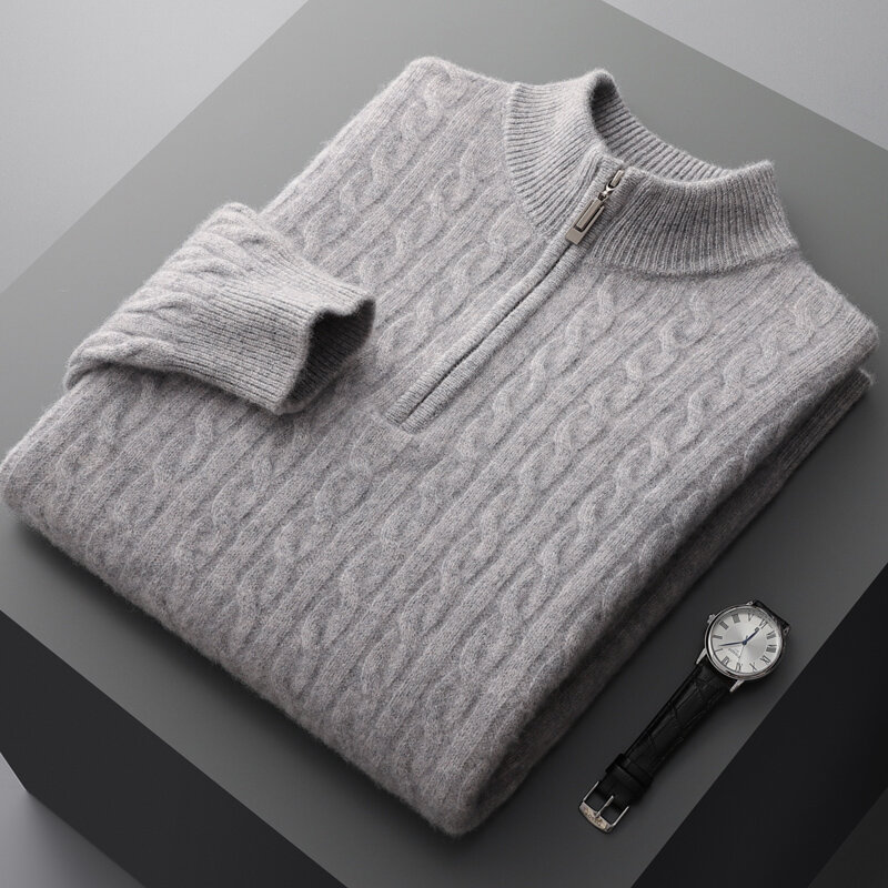 Men's 100% merino wool solid color twisted round neck business casual loose autumn and winter new knitted cashmere sweater top.