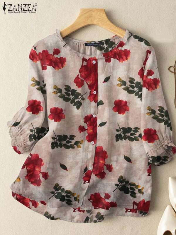 ZANZEA-camisa con estampado Floral Vintage para mujer, con cuello redondo 2024 Blusa de manga, informal, 3/4