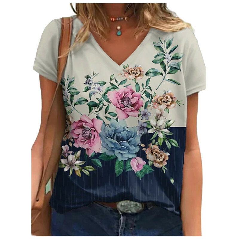 Damska koszulka z krótkim rękawem i dekoltem w szpic, letnia casual, różowe kwiaty z nadrukiem 3D, modna, Harajuku