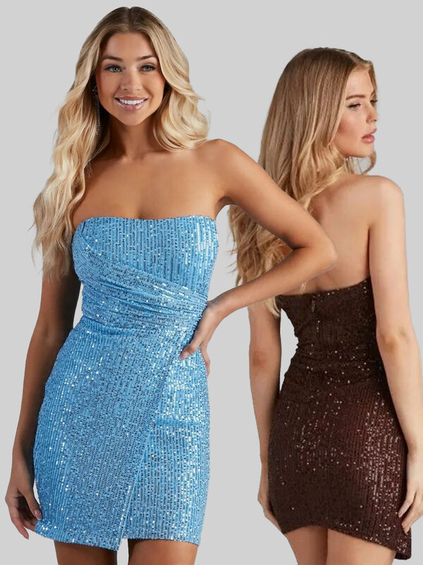 Women Sexy Asymmetric Sparkly Short Party Dress Strapless Backless Sequins Cocktail Prom Gowns New Fashion Lady Birthday Dresses