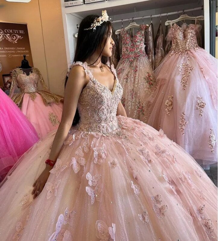 Różowa księżniczka Quinceanera sukienka balowa paski Spaghetti aplikacje słodkie 16 sukienek 15 Años meksykańskie