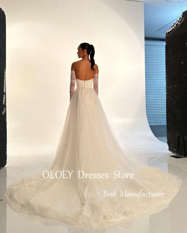 OLOEY Simple Strapless Stretch Wedding Dresses With Detachable Train Tulle Gloves Sleeves Bridal Gowns Vestido de noiva 2024