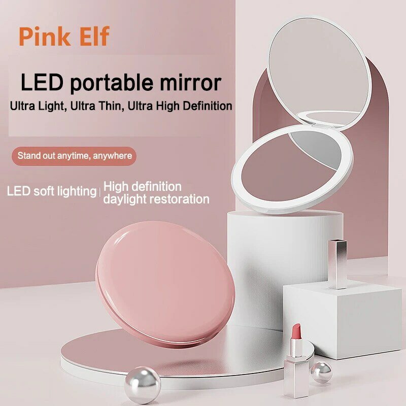 Lampu LED cermin rias lipat cermin saku kecil untuk wanita efek bercahaya merah muda putih cermin mini