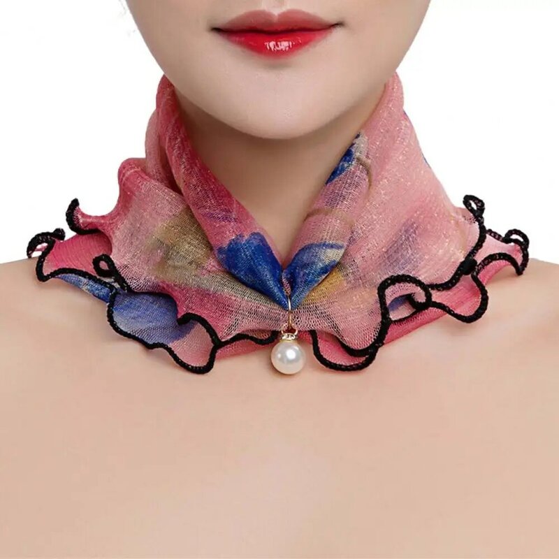 Scarf Painting Print Imitation Pearl Durable Ruffle Edge Lady Headscarf for Banquet