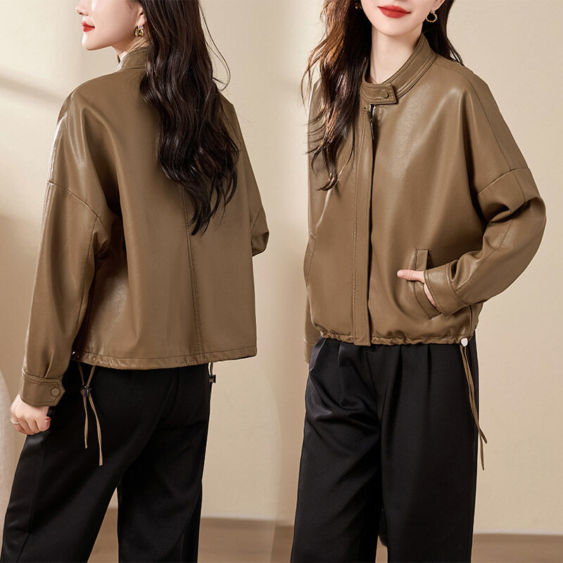 Mantel pendek wanita, jaket kulit domba edisi Korea longgar dan kasual ukuran besar musim semi 2024 produk baru