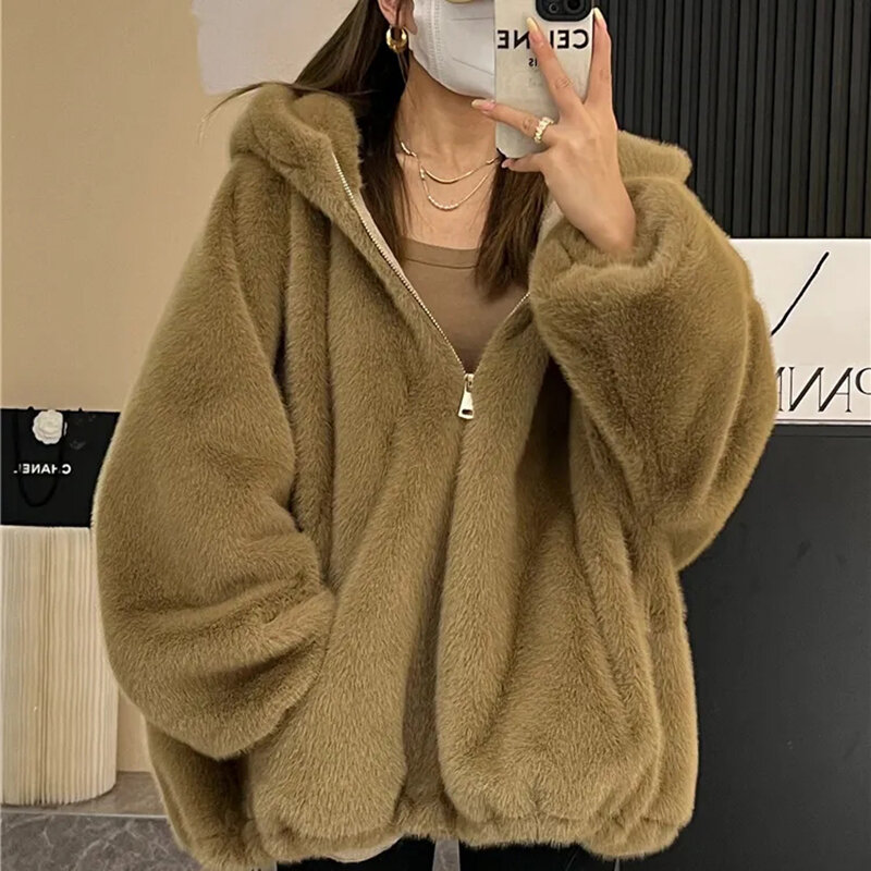 Gidyq Women Rabbit Fur Coats Korean Winter Fashion Streetwear Plush Hooded Jacket Female Thick Warm Party Loose Overcoat New