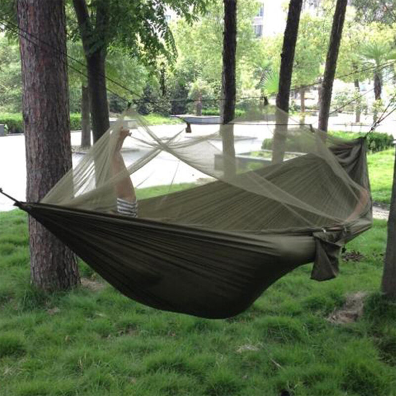 Hamaca portátil ligera para acampar al aire libre, cama colgante de tela de paracaídas de alta resistencia con mosquitera, columpio para dormir de caza