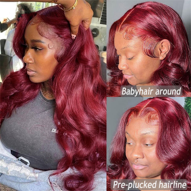99J-Peluca de cabello humano con malla Frontal transparente, postizo de color rojo borgoña 13x6 HD, 30, 32, 34 pulgadas, 180%