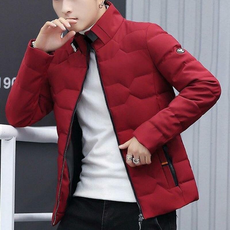 Men Autumn Winter Overcoat with Pockets Zipper Closure Stand Collar Solid Color Thick Warm Slim Fit Outwear Coat