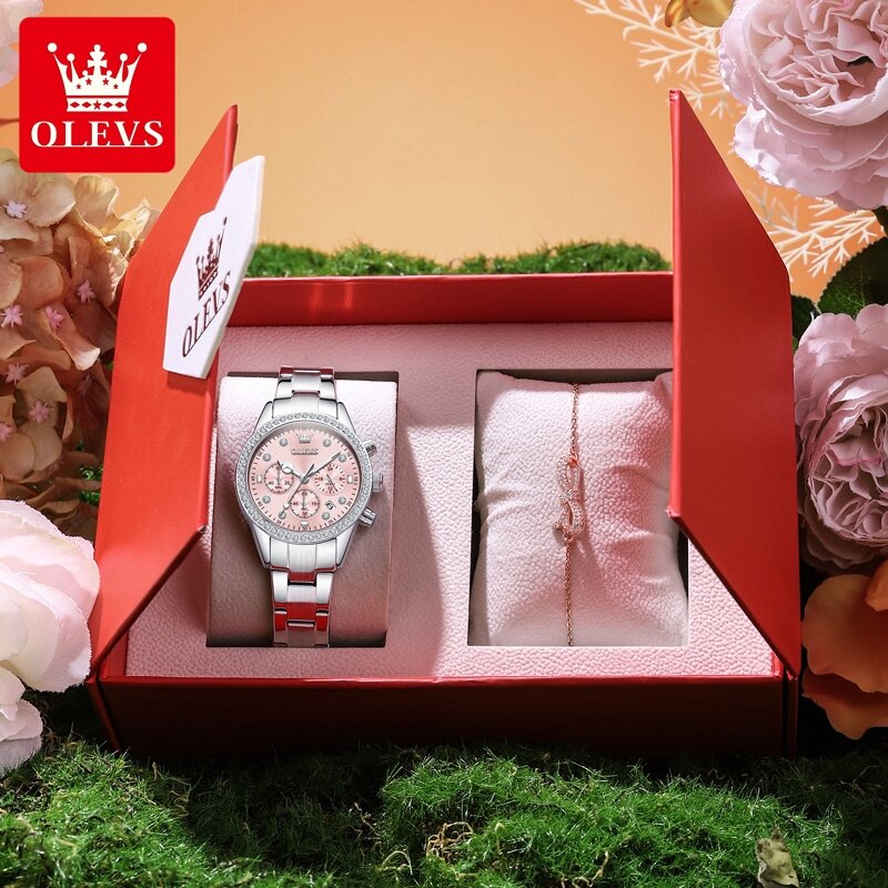 OLEVS jam tangan wanita Quartz, Tali Stainless bercahaya tahan air tanggal otomatis berlian untuk perempuan