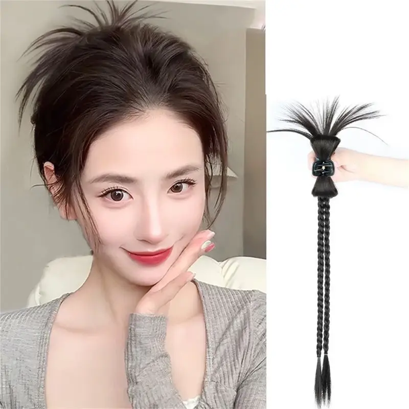 Y2k Wig Braid Female Sweet Cool Spicy Girl Bowknot Chicken Hair Clamping Shuttlecock Head Boxing Braid Pigtail Wig