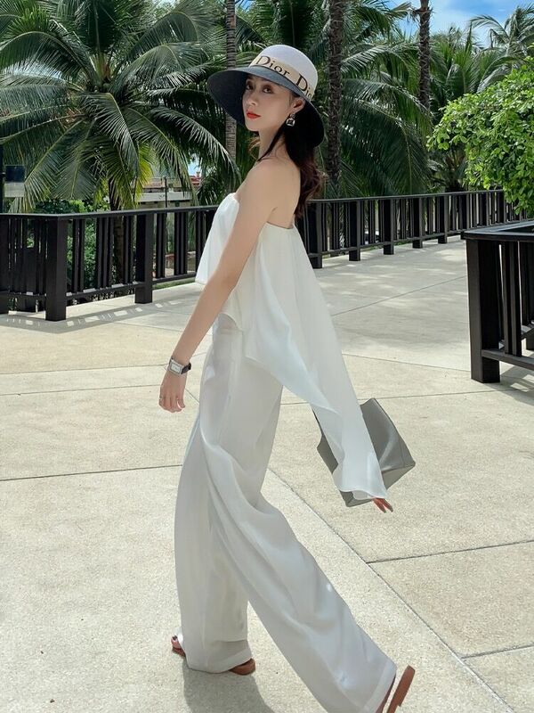 Letnie damskie elegancki biały artystyczne kombinezony proste kombinezon z szerokimi nogawkami bez ramiączek dla kobiet na plaży