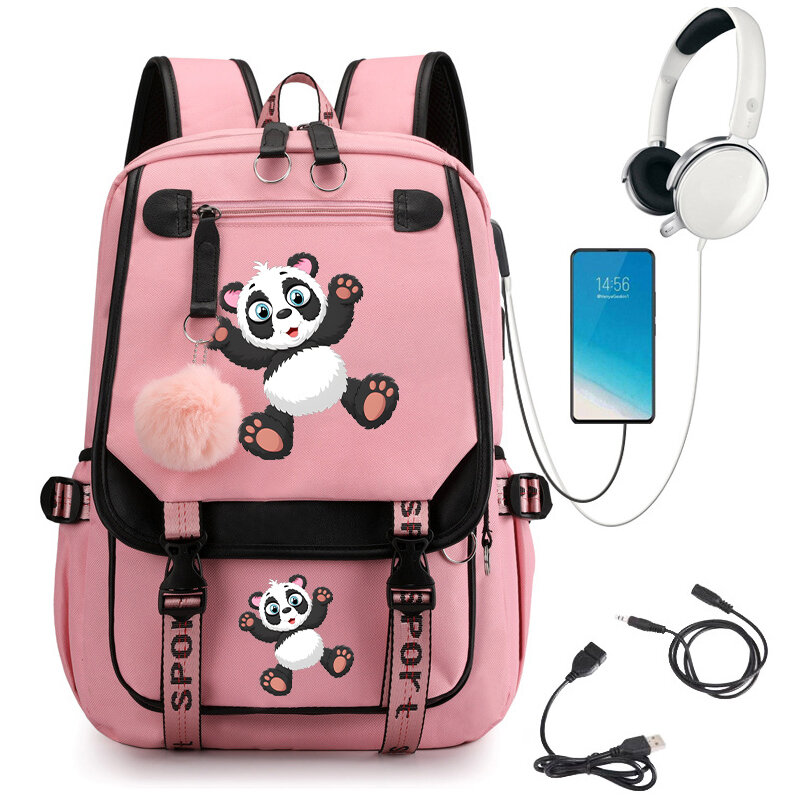 Tas sekolah dasar, tas ransel Sekolah Dasar, tas sekolah Anime Panda, tas ransel isi ulang Usb, tas buku Kawaii remaja perempuan
