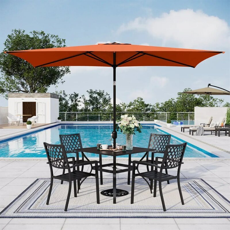 長方形のパティオテーブル傘、屋外市場、6つの鋼の罫線とクランクハンドル、オレンジ、10x6.6フィート