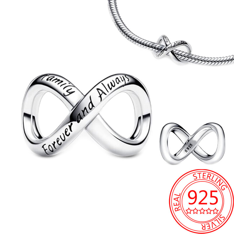 Abalorio de plata de ley 925 para mujer, accesorio compatible con pulsera Pandora, joyería artesanal, Forever & Always Infinity