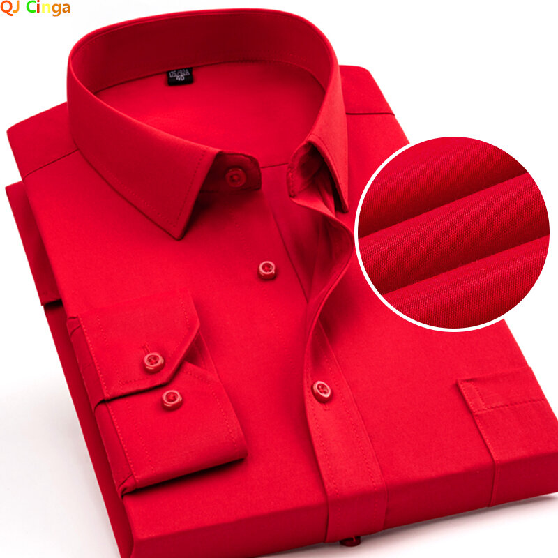 Ярко-красная рубашка с длинным рукавом, мужские однобортные рубашки с квадратным воротником, деловая/Свадебная/Женская Повседневная рубашка, синий и белый цвета, 6XL