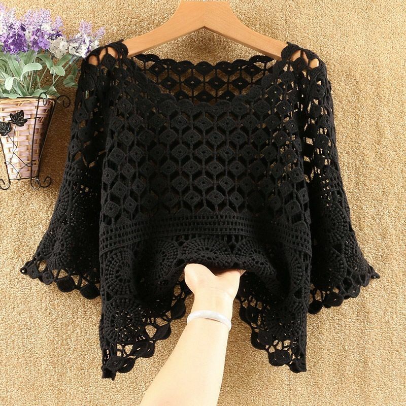 Spring and Summer Knitted Crochet Solid Color Hollow Jacket New Fashion Loose Round Neck Five-point Sleeve Handmade Top Female