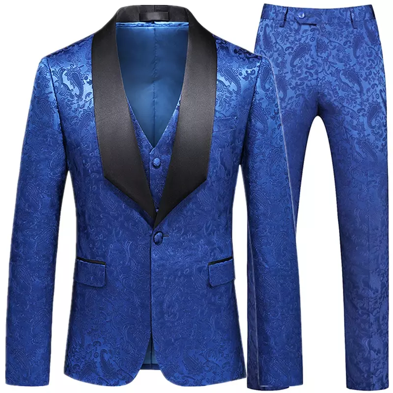 Мужской деловой костюм из трех предметов, облегающий костюм с темно-синим принтом, двубортный пиджак и жилет, 2023