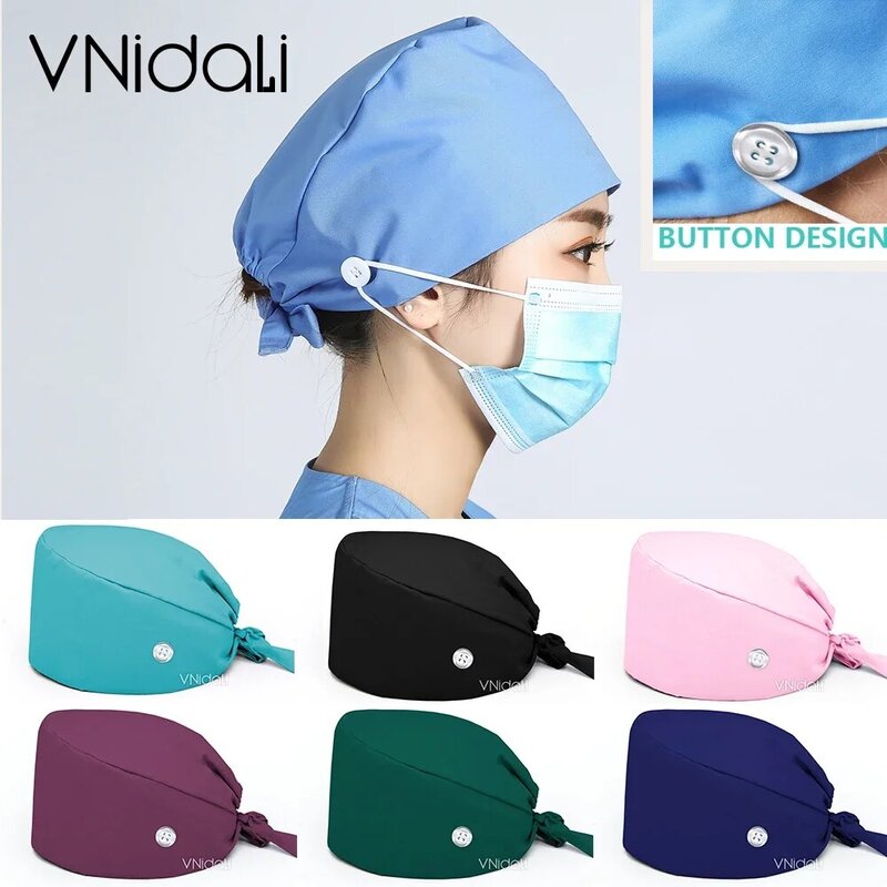 Topi Gosok Warna Solid dengan Kancing Perawatan Hewan Peliharaan Topi Kerja Topi Bedah Topi Kerja Lab Topi Gosok Wanita Aksesori Perawat