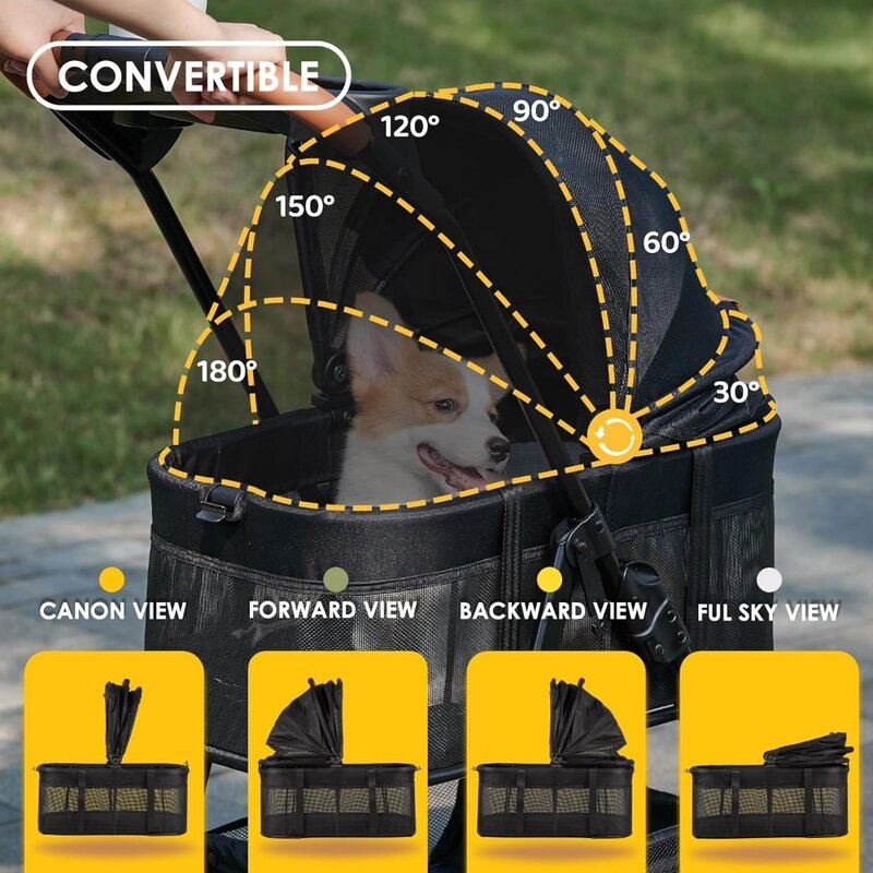 Cochecito plegable 3 en 1 para perro/gato/cachorro, carrito de 4 ruedas con estante de viaje desmontable