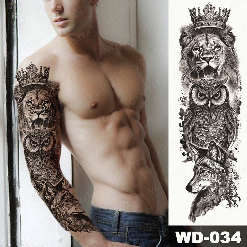 Tatuaggio manica grande braccio leone corona re rosa impermeabile tatuaggio temporaneo adesivo lupo selvaggio tigre uomini cranio pieno Totem tatuaggio finto