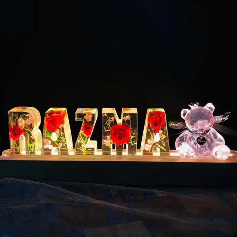 맞춤형 이름 글자 램프, 수제 어머니의 발렌타인 데이 선물, 송진 드라이 플라워, 따뜻한 색상, LED 플라워, 야간 조명