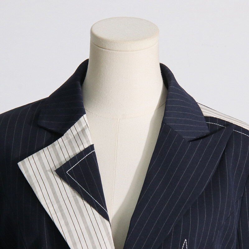 Casaco feminino irregular de cor contraste retalhados listras, estilo pendular, blazer emagrecedor de cintura, jaqueta feminina, outono, novo, 2023