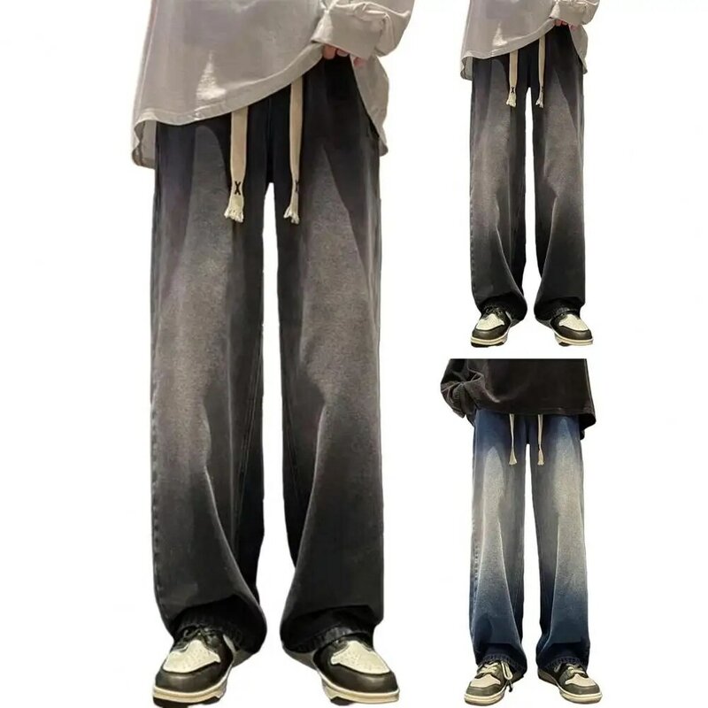Celana Jeans pria kaki lebar lurus longgar selangkangan dalam, Jeans gradien warna kontras tali pinggang elastis Retro untuk lelaki