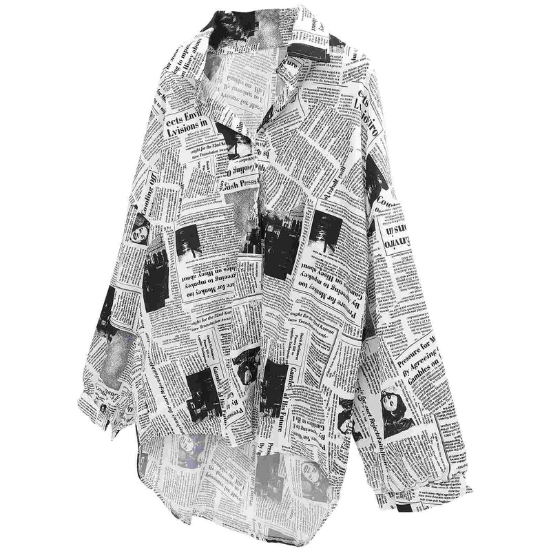 Blusas para mujer, camisa de periódico, chaqueta de gran tamaño, solapa de manga larga, talla Xl