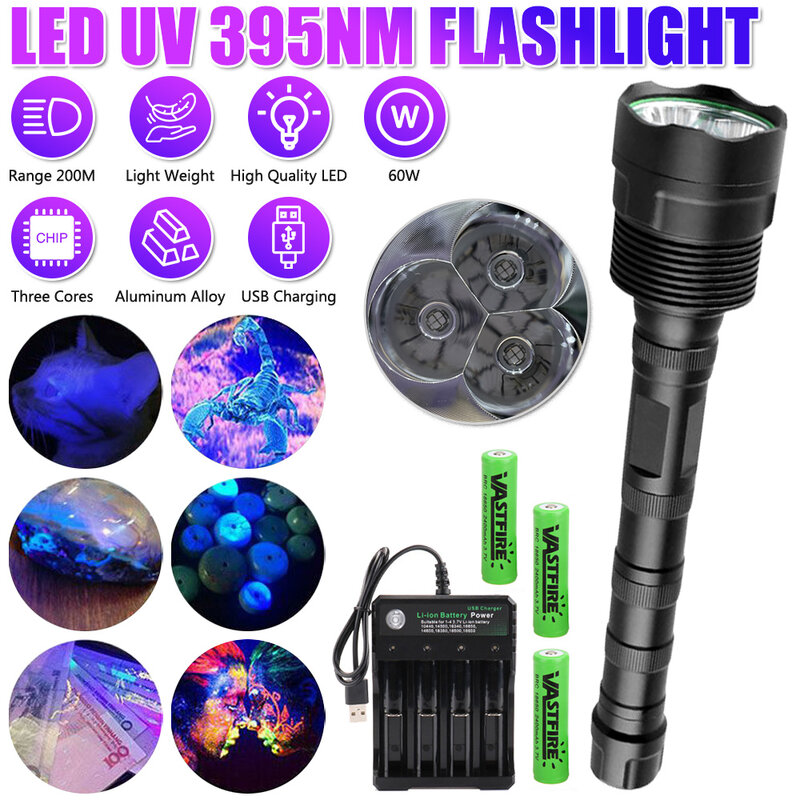 3 Lamp 60W Strong Ultraviolet 395NM Flashlight High Definition Ultraviolet High Power and Long Range Professional Grade Beam