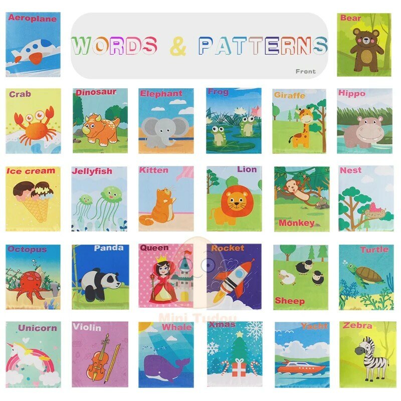 Libro de aprendizaje de idiomas para bebé, tarjetas de alfabeto suaves con bolsa de tela, libros de lectura en inglés, 26 piezas, novedad