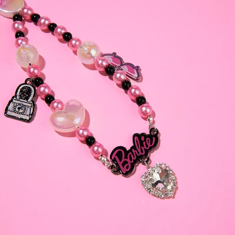 MINISO Barbie Series Mobile Phone Chain Heart Flash Diamond Decorative Pink Pendant Anime Peripheral Fashion Birthday Gift