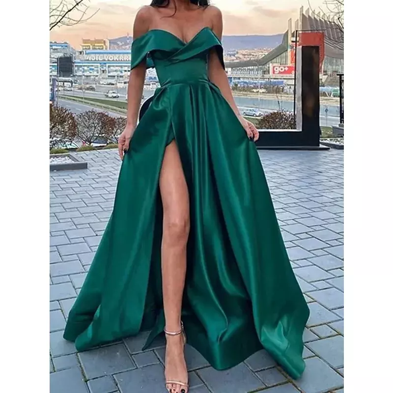 Wakuta Sexy Women's Off Shoulder Long Prom Dress High Slit Backless Satin Formal Ball Gowns Evening Party Vestidos with Pockets