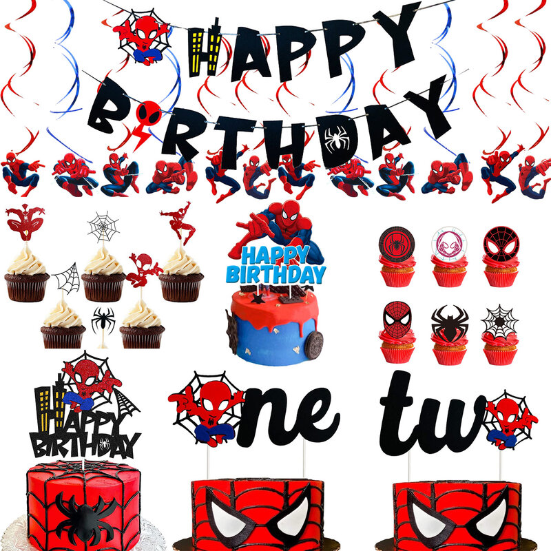 Super Hero Spiderman Cake Topper Set for Kids Boys Cartoon Movie Themed Happy Birthday Party Supplies Table Cake Decorations