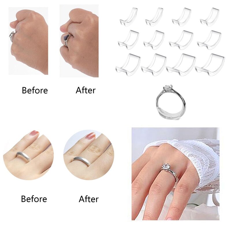 Ajustador de tamanho do anel invisível para anéis soltos, apto para qualquer anel, clipes para fazer anéis menores, fáceis de usar, 12pcs