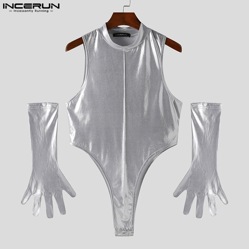INCERUN 2024 Sexy Handsome Men's Homewear Jumpsuits Stylish Flash Fabric Glove Design Loungewear Male Sleeveless Bodysuits S-5XL