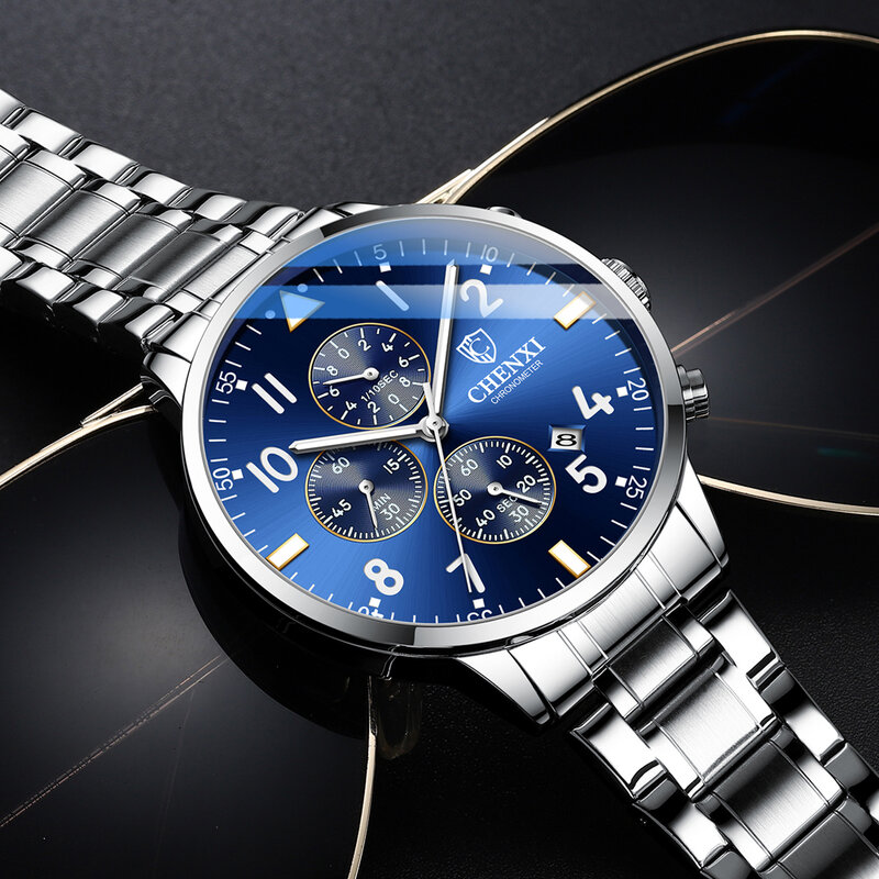 Fashion Chenxi Top Brand Mens Full Stainless Steel Chronograph Luxury Waterproof Sport Men Date Quartz Military Business Watch