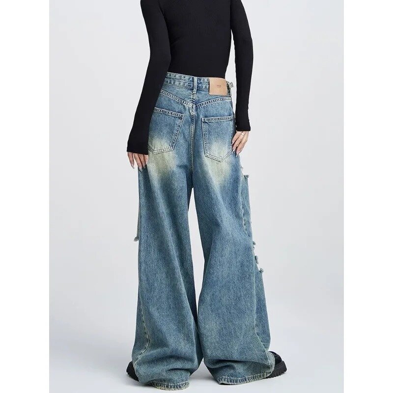 Qweek übergroße zerrissene Frauen jeans y2k koreanische Mode Vintage Jeans hose Grunge weites Bein Amerika High Street Retro Hose