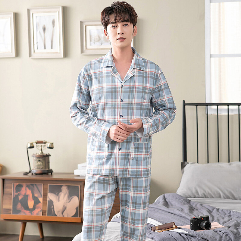Pijama masculino manga longa de algodão, calças compridas pijamas, pijamas completos, Roupa de casa, Sleep Lounge Wear, Moda masculina, Outono, M-4XL